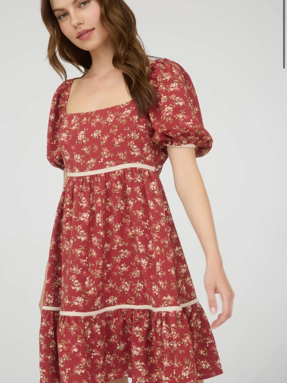 Blu Pepper Red Floral Square-Neck Puff-Sleeve Mini Dress NEW WITH TAGS